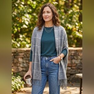 Madewell Gray Windowpane Fringe Open Cardigan